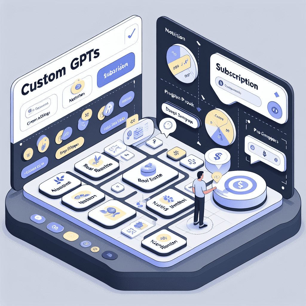 Niche custom GPTs concept: an isometric dashboard titled 'Custom GPTs' with labeled tiles for industries, a person dragging prompt snippets into a bot, and a subscription price badge — clean vector UI mockup. (image-4.png)