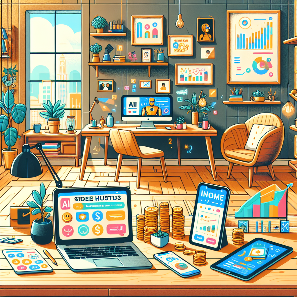 Hero scene showing AI side hustles in everyday life with a cozy home office, AI-generated artwork and a small chart indicating income — bright modern flat-illustration style. (image-5.png)