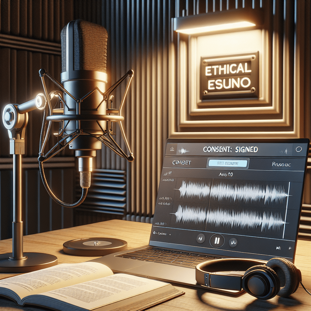 Ethical synthetic voice-over and audiobook production: a recording microphone, headphones, open audiobook pages, and a laptop showing a waveform and a visible 'Consent: Signed' checkbox — polished digital painting with warm studio lighting. (image-6.png)