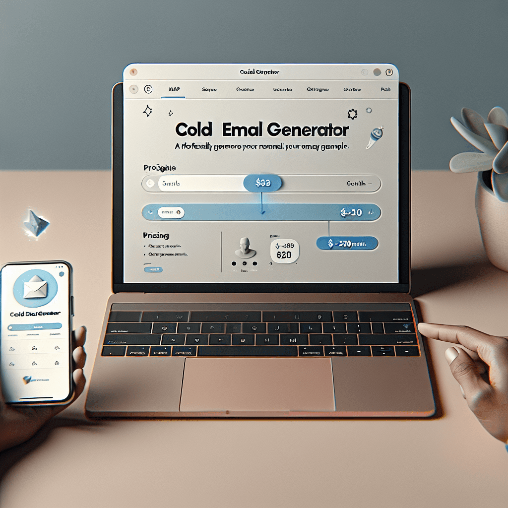 Micro-SaaS powered by an LLM: minimalist laptop screen mockup of a single-purpose web app showing a generated email, a $5–$20/month pricing callout, and a smiling user testing it on a phone — simple product screenshot style. (image-7.png)